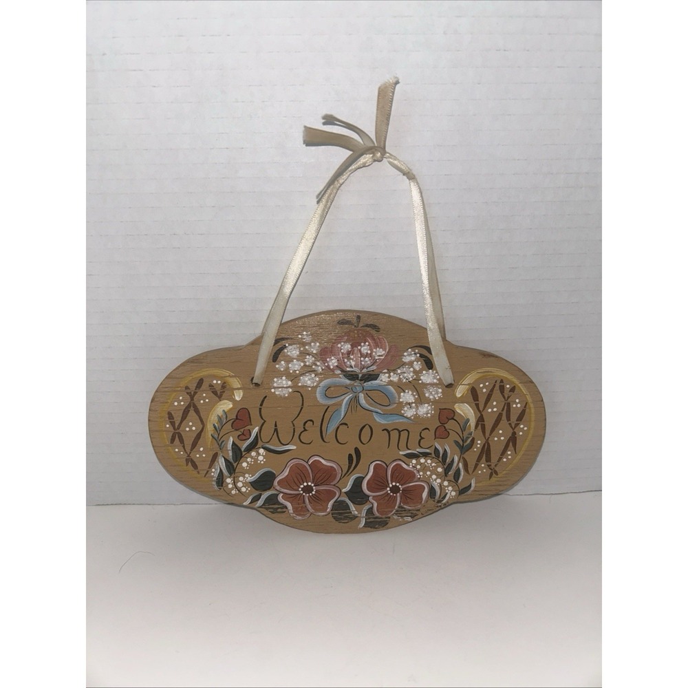 Vintage Hand-Painted Wooden Welcome Sign Floral Country Cottage Signed G54